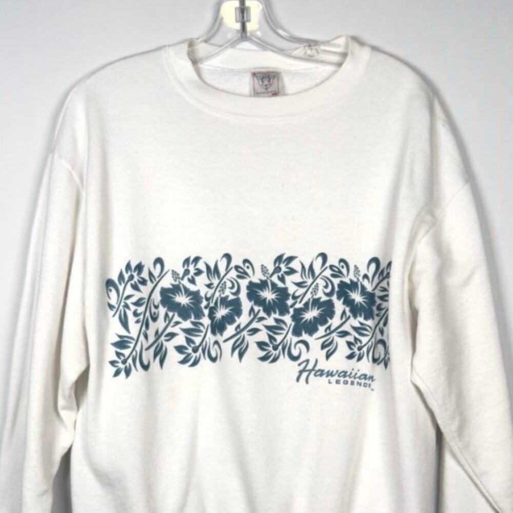 Vintage 80s Hawaiian Legends Blue Flowers White Crewneck Men's Sweater Size L